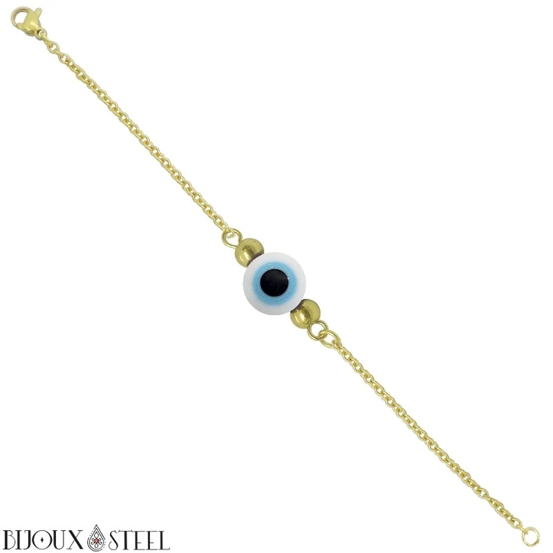 Bracelet perle mauvais oeil blanc en acier inoxydable