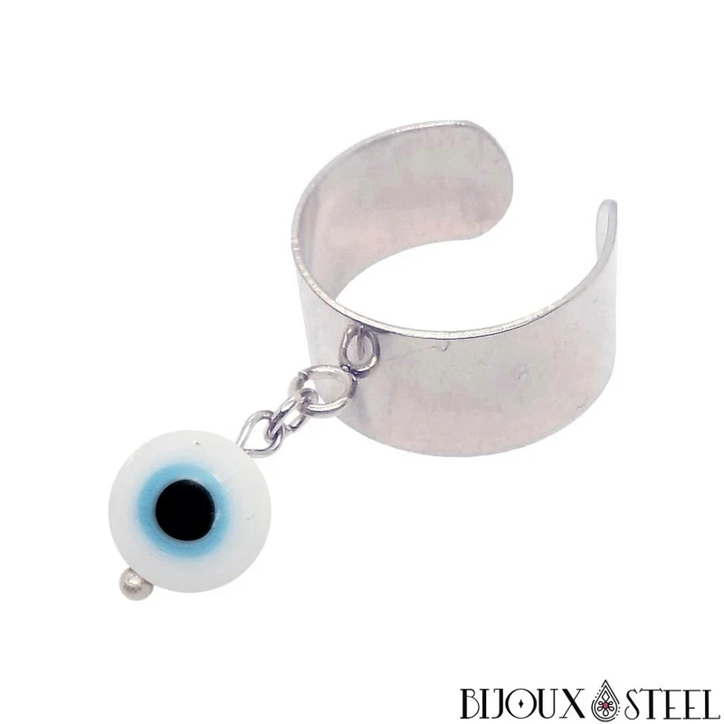 Bague large ajustable à perle mauvais oeil blanc en acier inoxydable