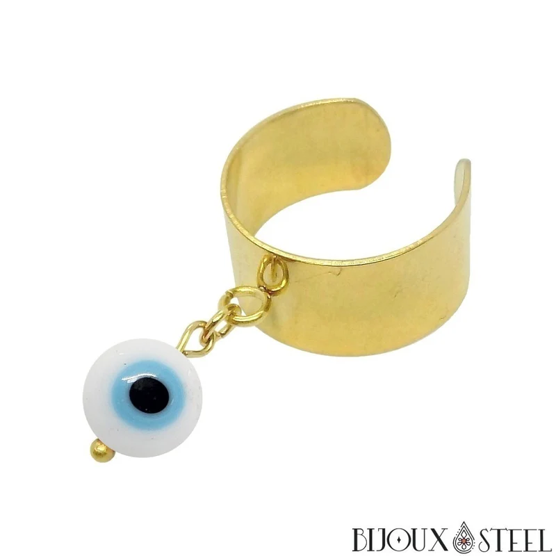 Bague large ajustable à perle mauvais oeil blanc en acier inoxydable