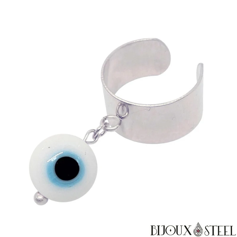 Bague large ajustable à perle mauvais oeil blanc en acier inoxydable