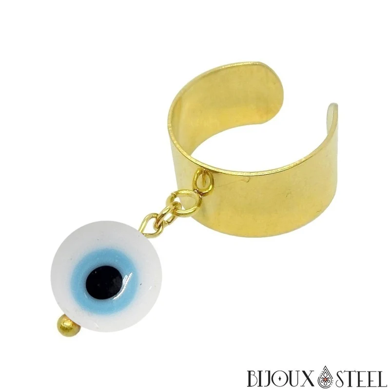 Bague large ajustable à perle mauvais oeil blanc en acier inoxydable