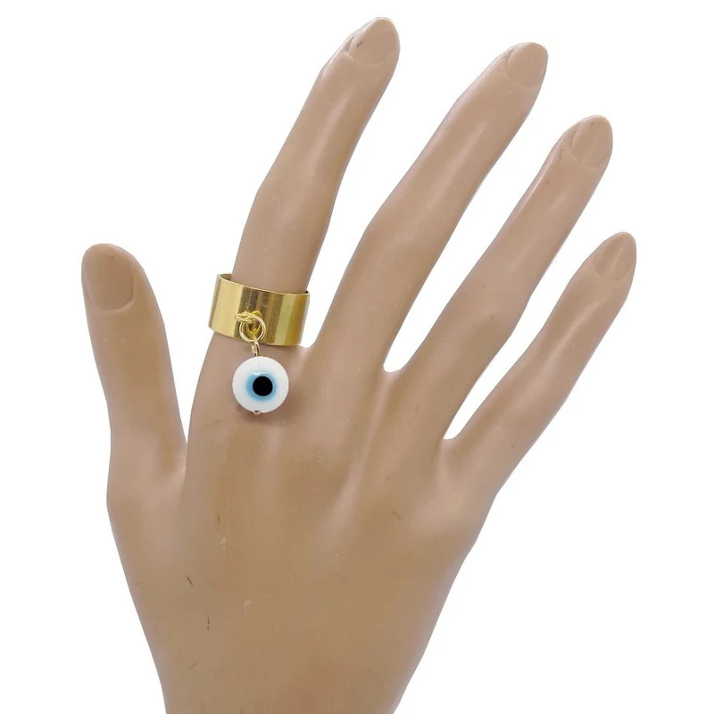 Bague large ajustable à perle mauvais oeil blanc en acier inoxydable