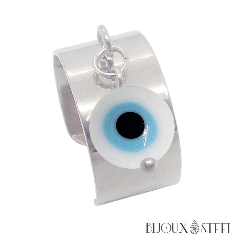 Bague large ajustable à perle mauvais oeil blanc en acier inoxydable