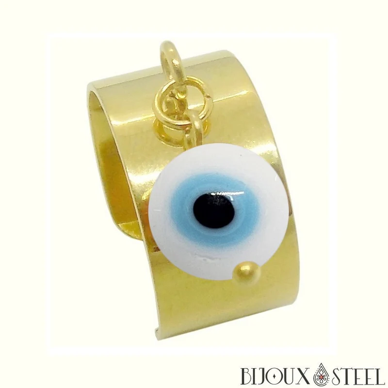 Bague large ajustable à perle mauvais oeil blanc en acier inoxydable