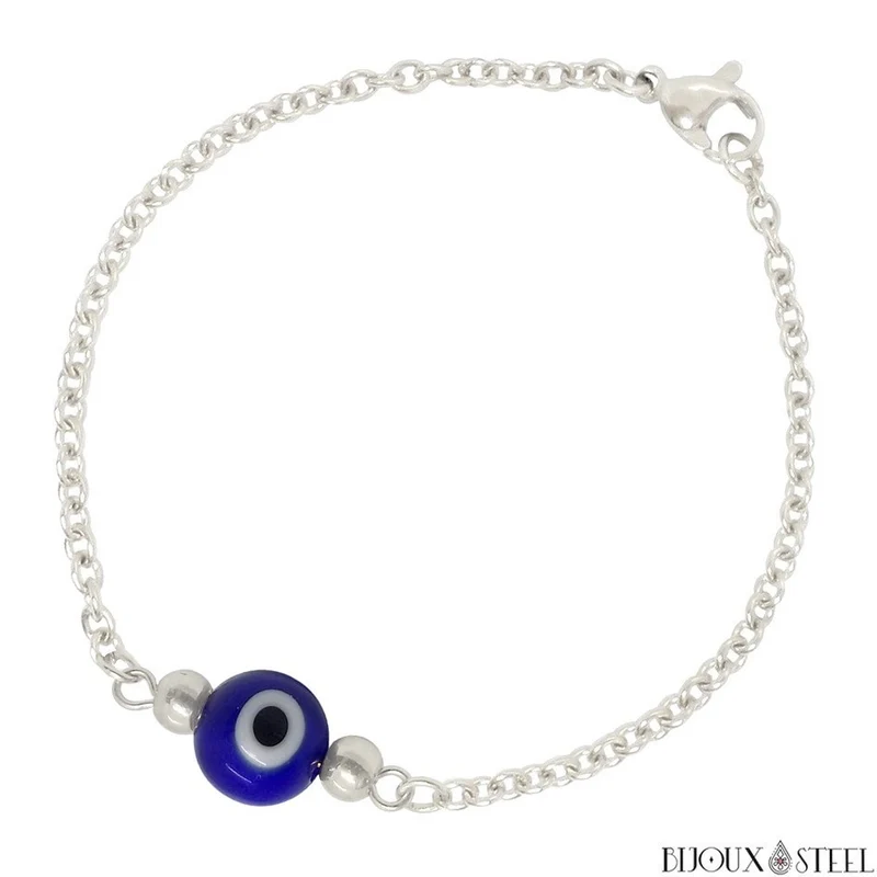 Bracelet perle mauvais oeil bleu en acier inoxydable