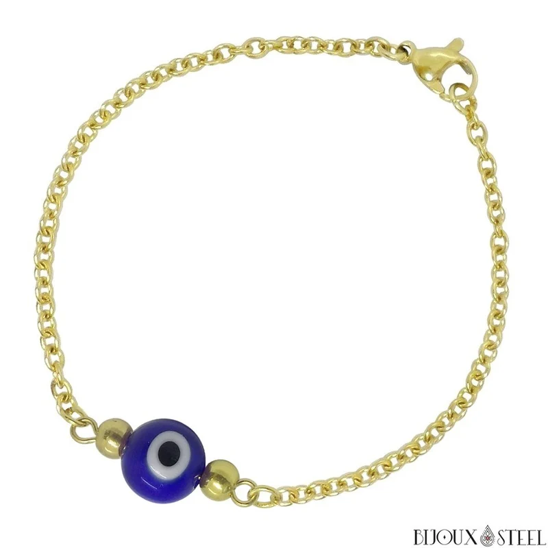 Bracelet perle mauvais oeil bleu en acier inoxydable