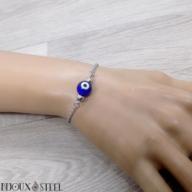 Bracelet perle mauvais oeil bleu en acier inoxydable