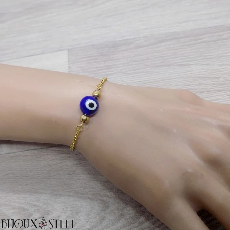 Bracelet perle mauvais oeil bleu en acier inoxydable