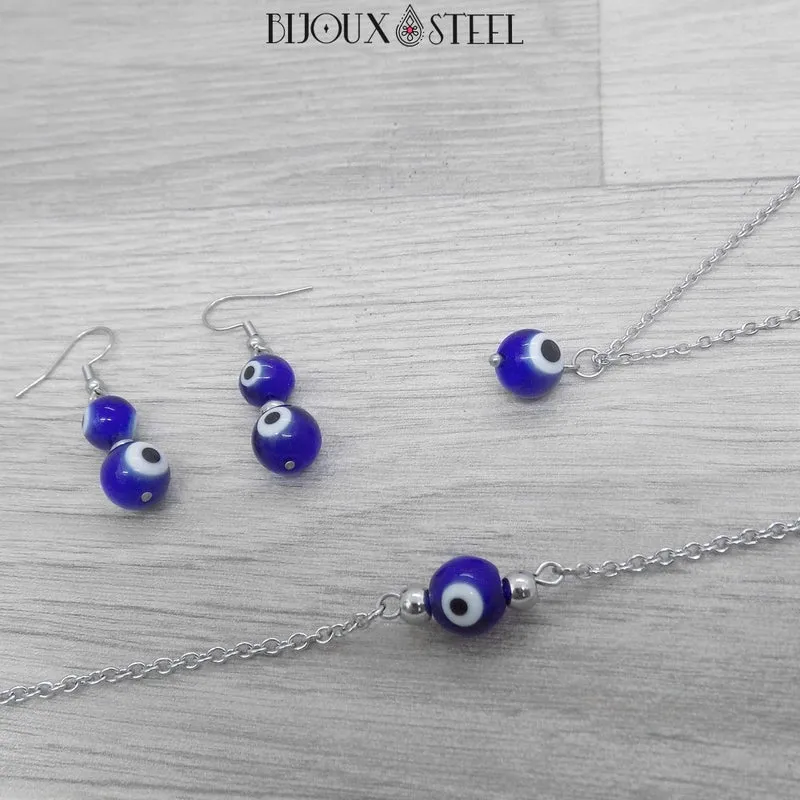 Bracelet perle mauvais oeil bleu en acier inoxydable
