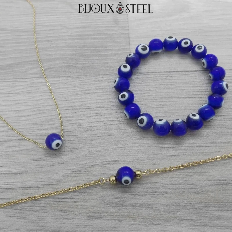 Bracelet perle mauvais oeil bleu en acier inoxydable