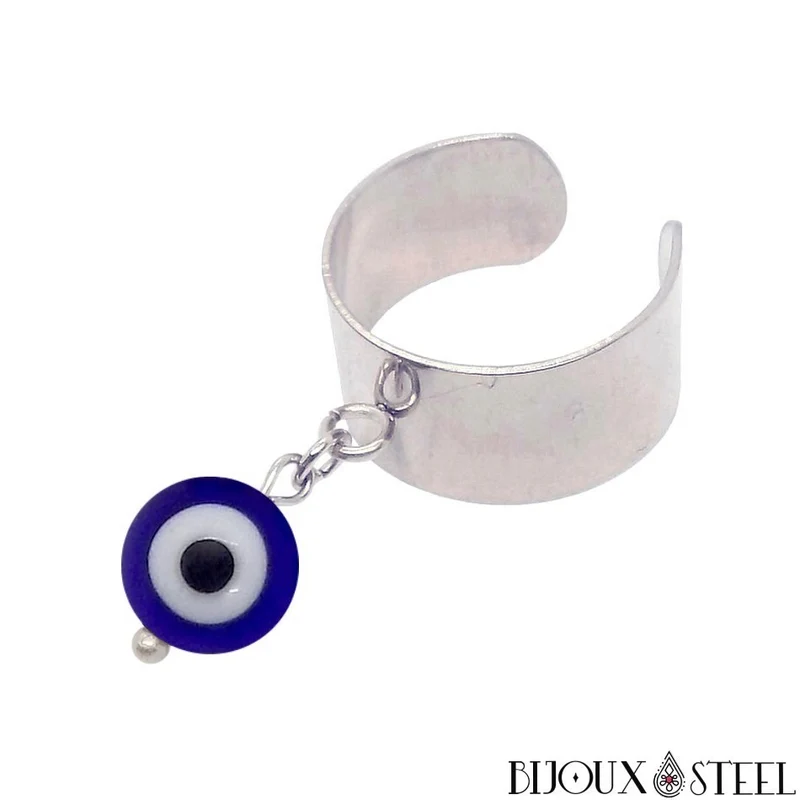 Bague large ajustable à perle mauvais oeil bleu en acier inoxydable