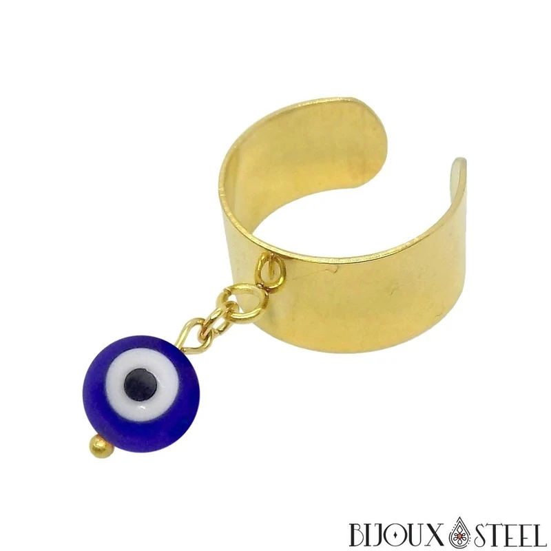 Bague large ajustable à perle mauvais oeil bleu en acier inoxydable