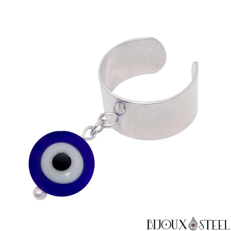 Bague large ajustable à perle mauvais oeil bleu en acier inoxydable