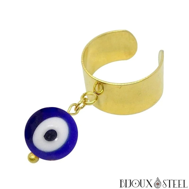 Bague large ajustable à perle mauvais oeil bleu en acier inoxydable