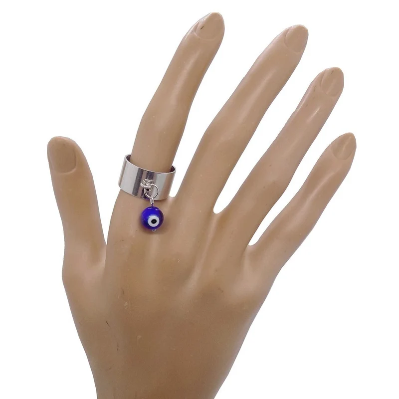 Bague large ajustable à perle mauvais oeil bleu en acier inoxydable