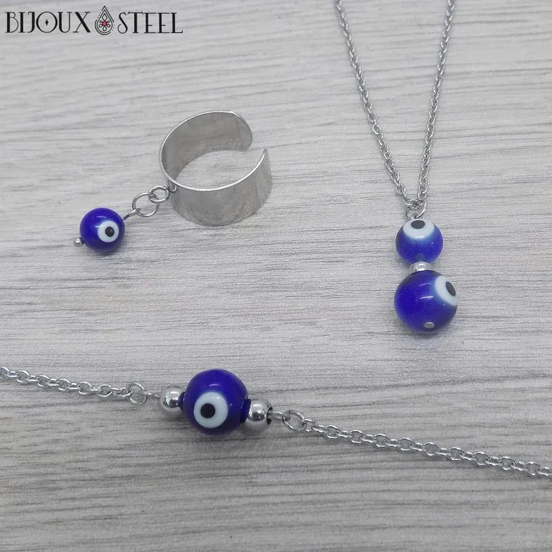 Bague large ajustable à perle mauvais oeil bleu en acier inoxydable