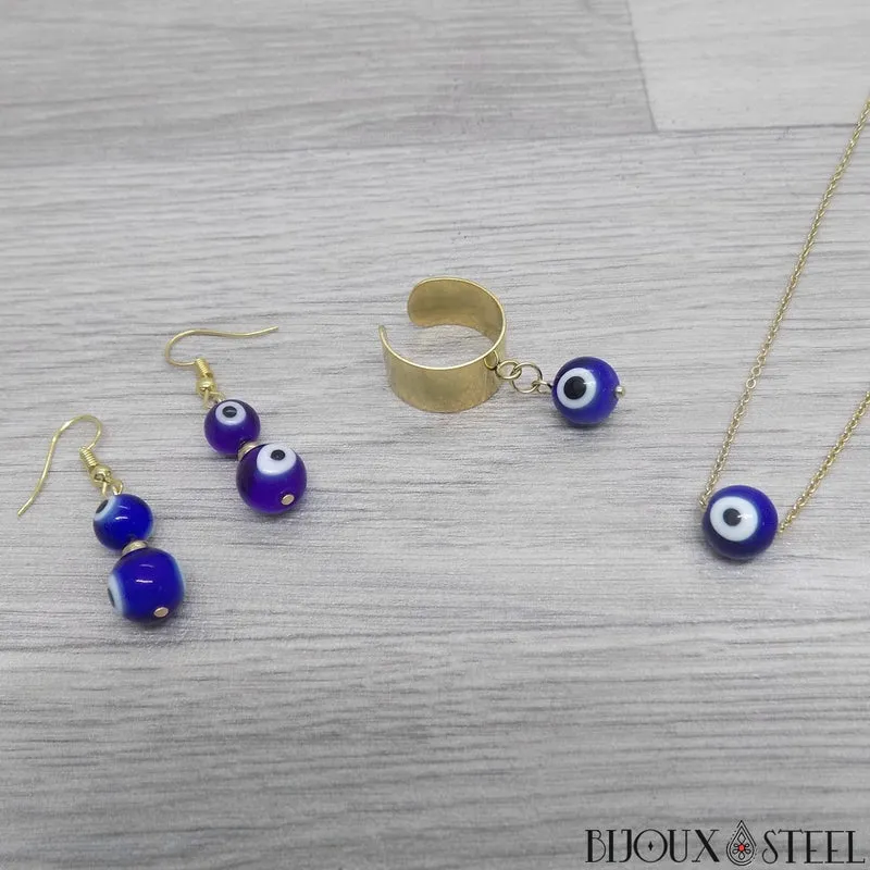Bague large ajustable à perle mauvais oeil bleu en acier inoxydable