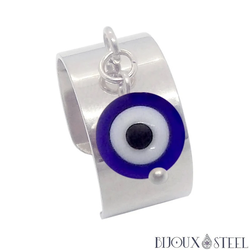 Bague large ajustable à perle mauvais oeil bleu en acier inoxydable