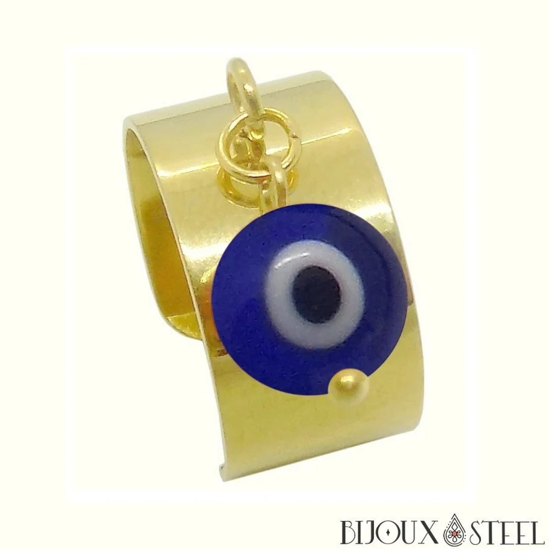 Bague large ajustable à perle mauvais oeil bleu en acier inoxydable