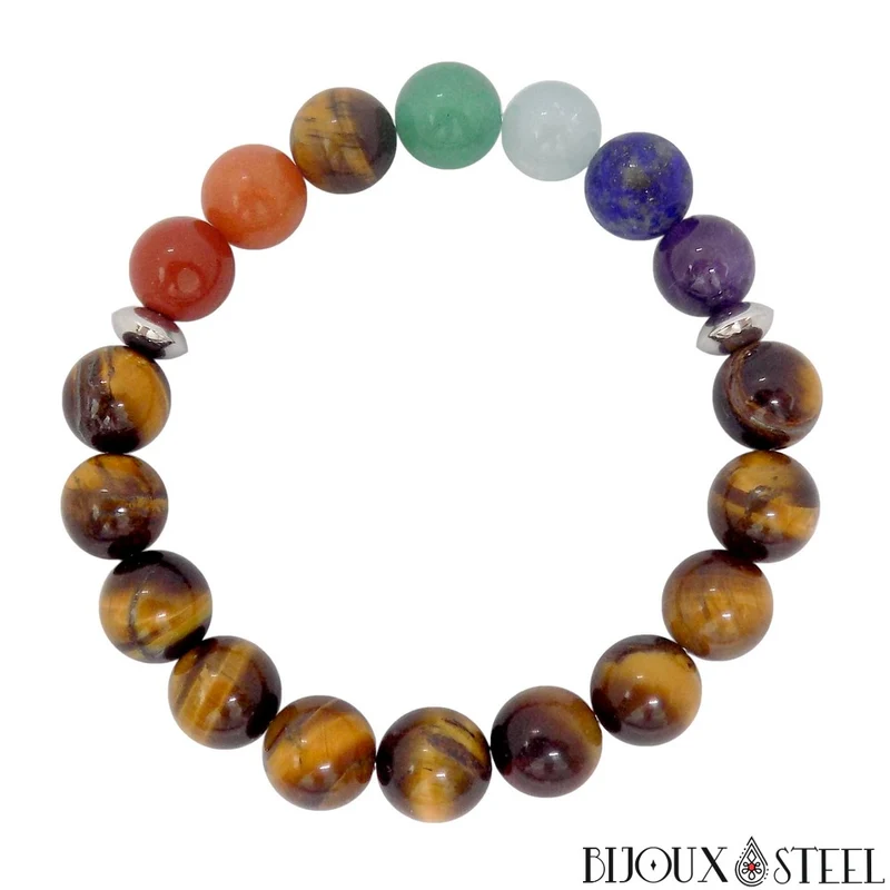 Bracelet 7 chakras en pierre naturelle d'oeil de tigre 10mm