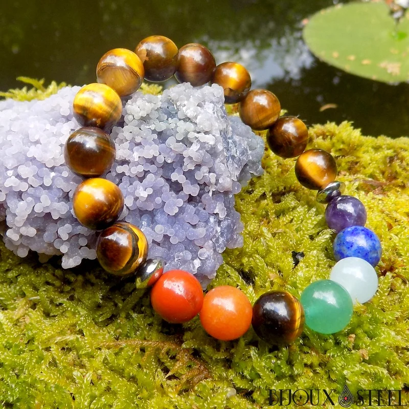 Bracelet 7 chakras en pierre naturelle d'oeil de tigre 10mm