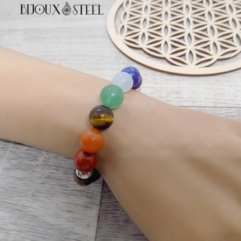 Bracelet 7 chakras en pierre naturelle d'oeil de tigre 10mm
