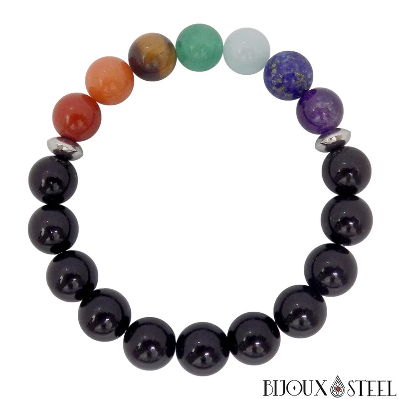 Bracelet 7 chakras en pierre naturelle d'onyx noir 10mm