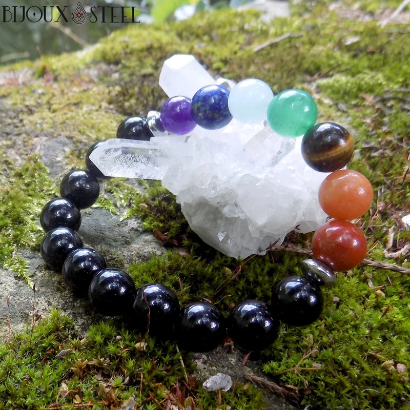 Bracelet 7 chakras en pierre naturelle d'onyx noir 10mm