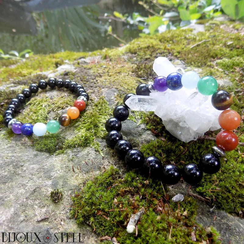Bracelet 7 chakras en pierre naturelle d'onyx noir 10mm