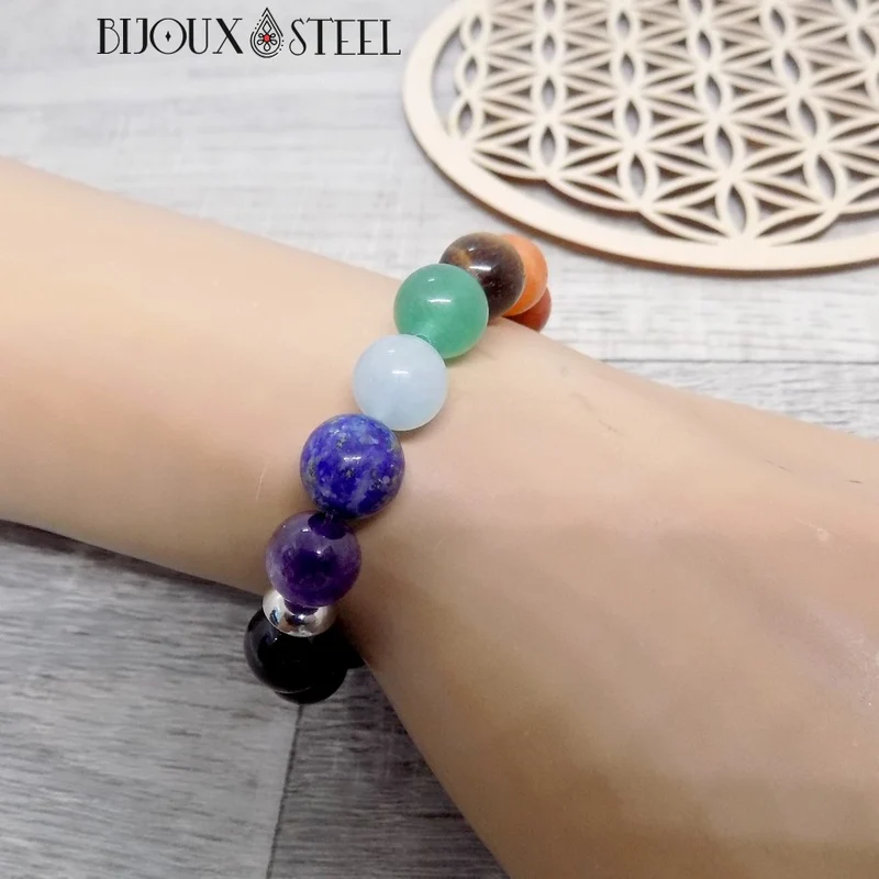 Bracelet 7 chakras en pierre naturelle d'onyx noir 10mm