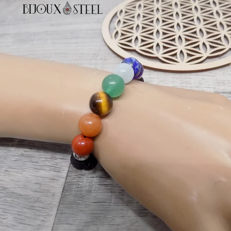 Bracelet 7 chakras en pierre de lave 10mm