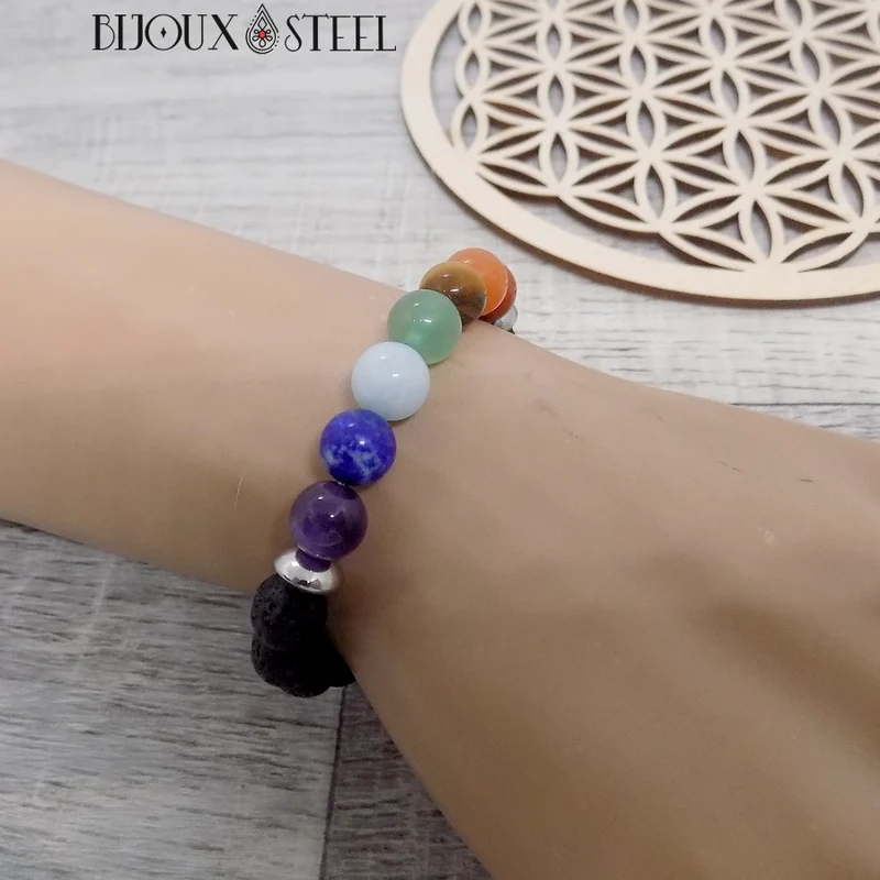 Bracelet 7 chakras en pierre de lave 8mm