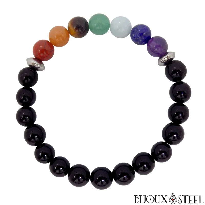 Bracelet 7 chakras en onyx noir 8mm
