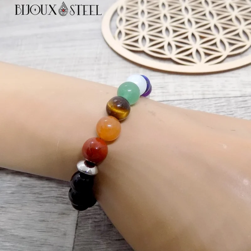Bracelet 7 chakras en onyx noir 8mm