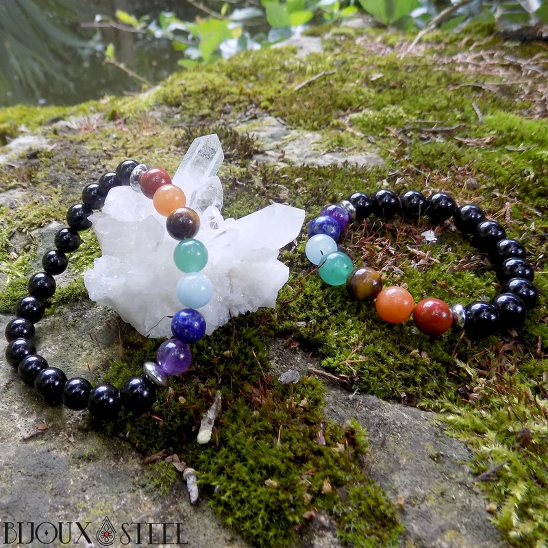 Bracelet 7 chakras en onyx noir 8mm
