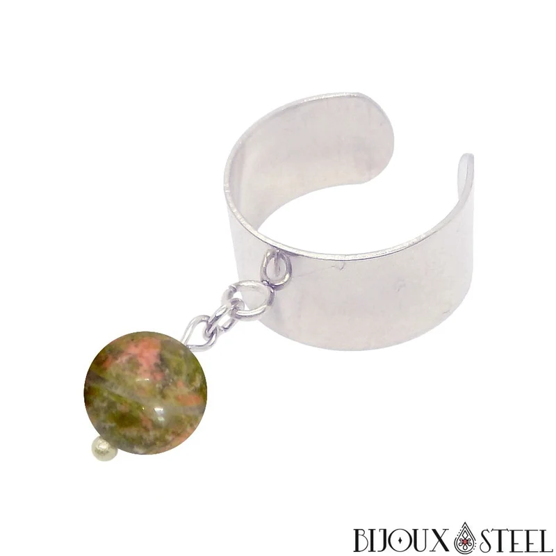 Bague large ajustable à perle d'unakite