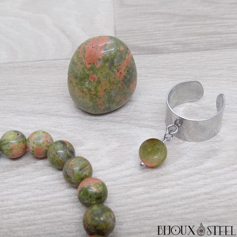 Bague large ajustable à perle d'unakite