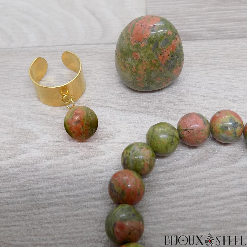 Bague large ajustable à perle d'unakite