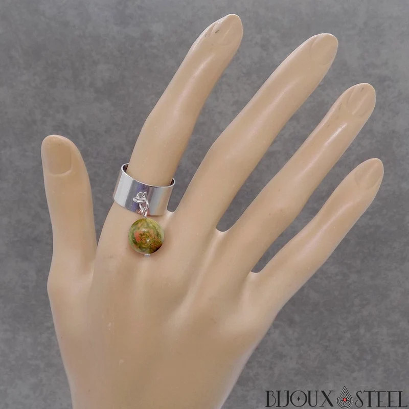 Bague large ajustable à perle d'unakite