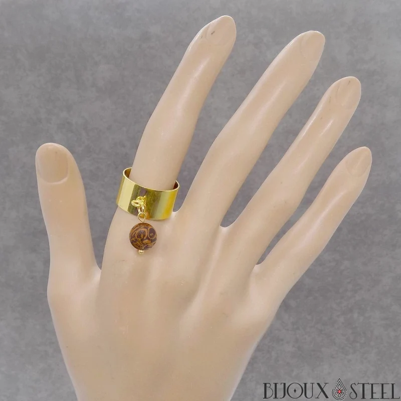 Bague large ajustable à perle de jaspe éléphant