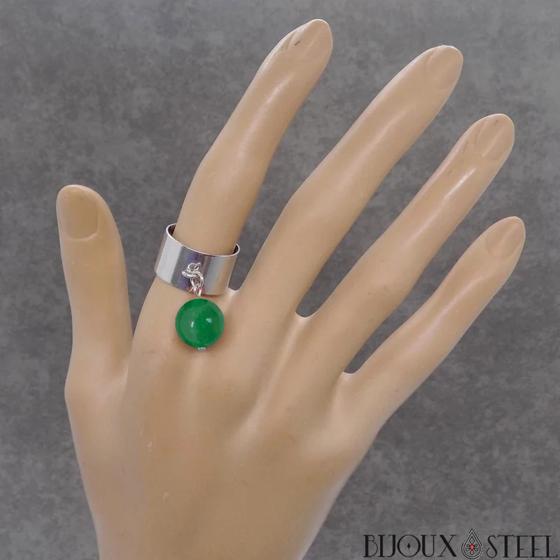Bague large ajustable à perle en jade de Malaisie