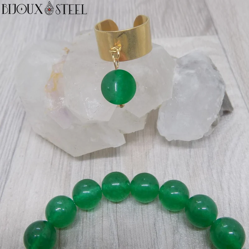 Bague large ajustable à perle en jade de Malaisie