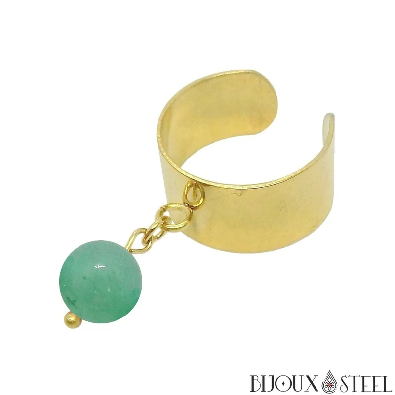 Bague large ajustable à perle d'aventurine verte