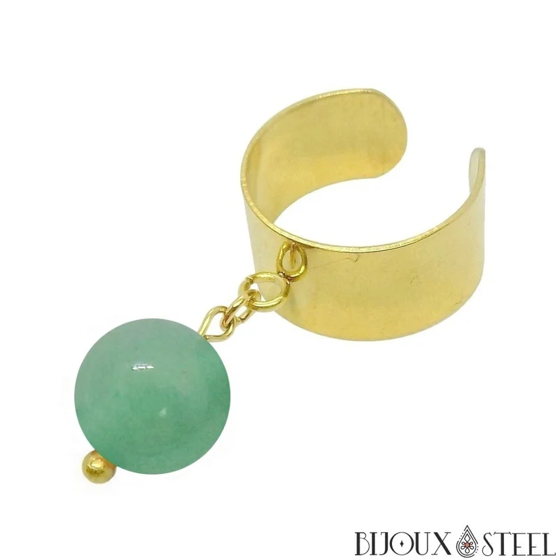 Bague large ajustable à perle d'aventurine verte