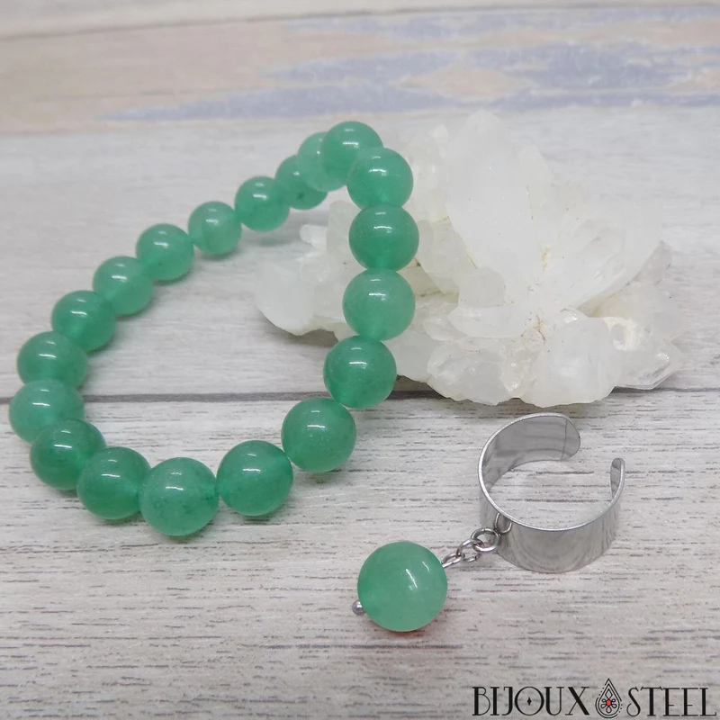 Bague large ajustable à perle d'aventurine verte