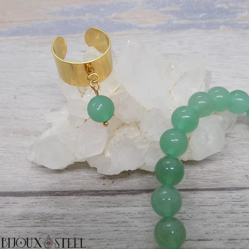 Bague large ajustable à perle d'aventurine verte