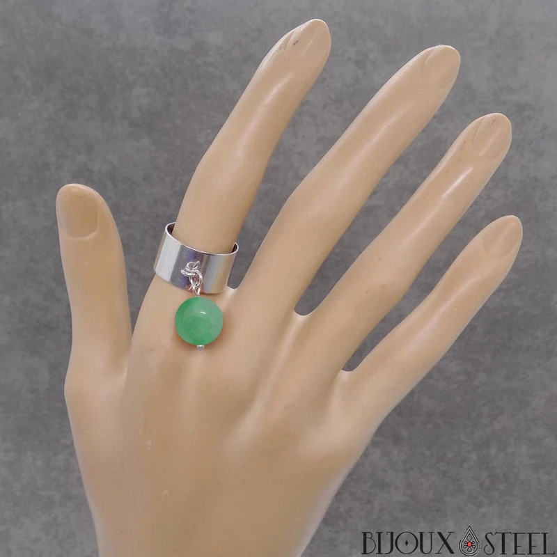 Bague large ajustable à perle d'aventurine verte