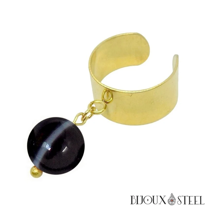 Bague large ajustable à perle d'agate noire à rayures