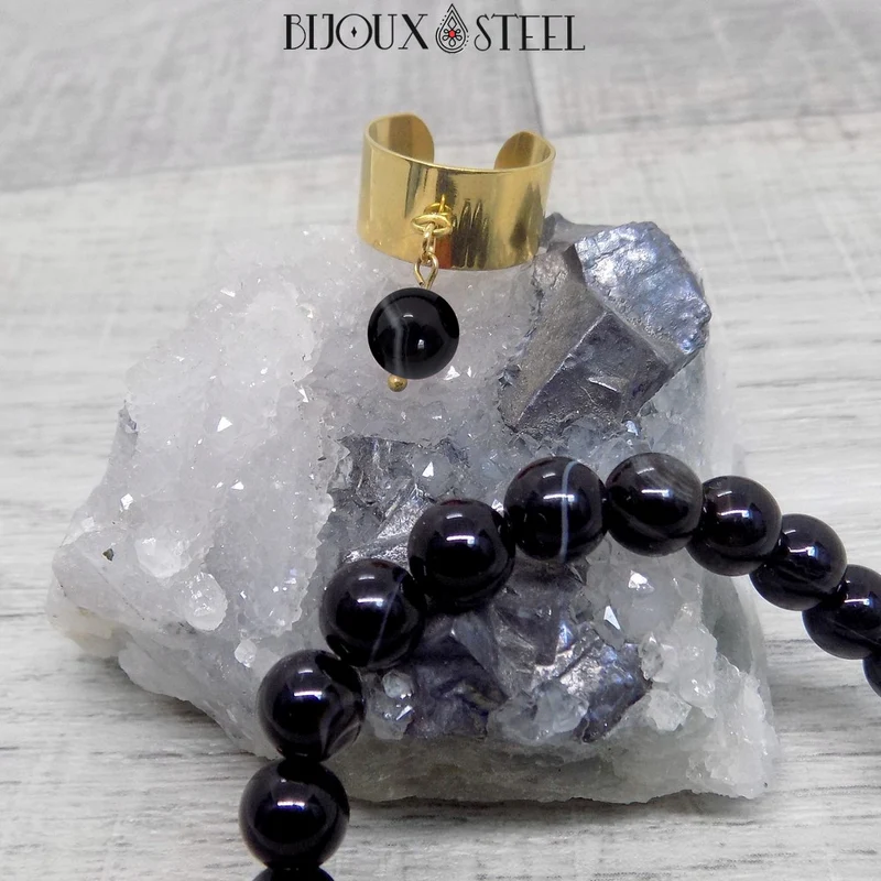Bague large ajustable à perle d'agate noire à rayures