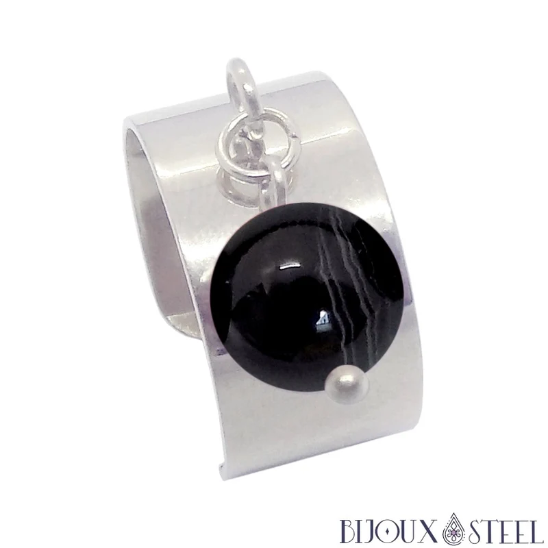 Bague large ajustable à perle d'agate noire à rayures